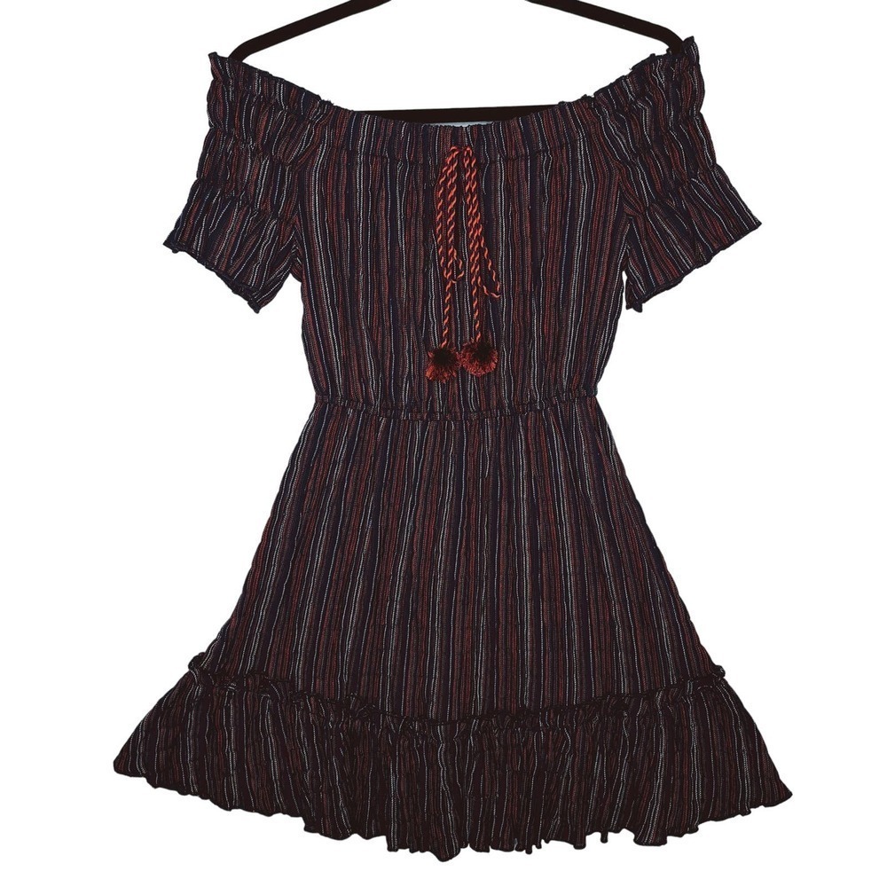 Moon River Smocked Tiered Off Shoulder Mini Dress XS Peasant Red White Blue Boho